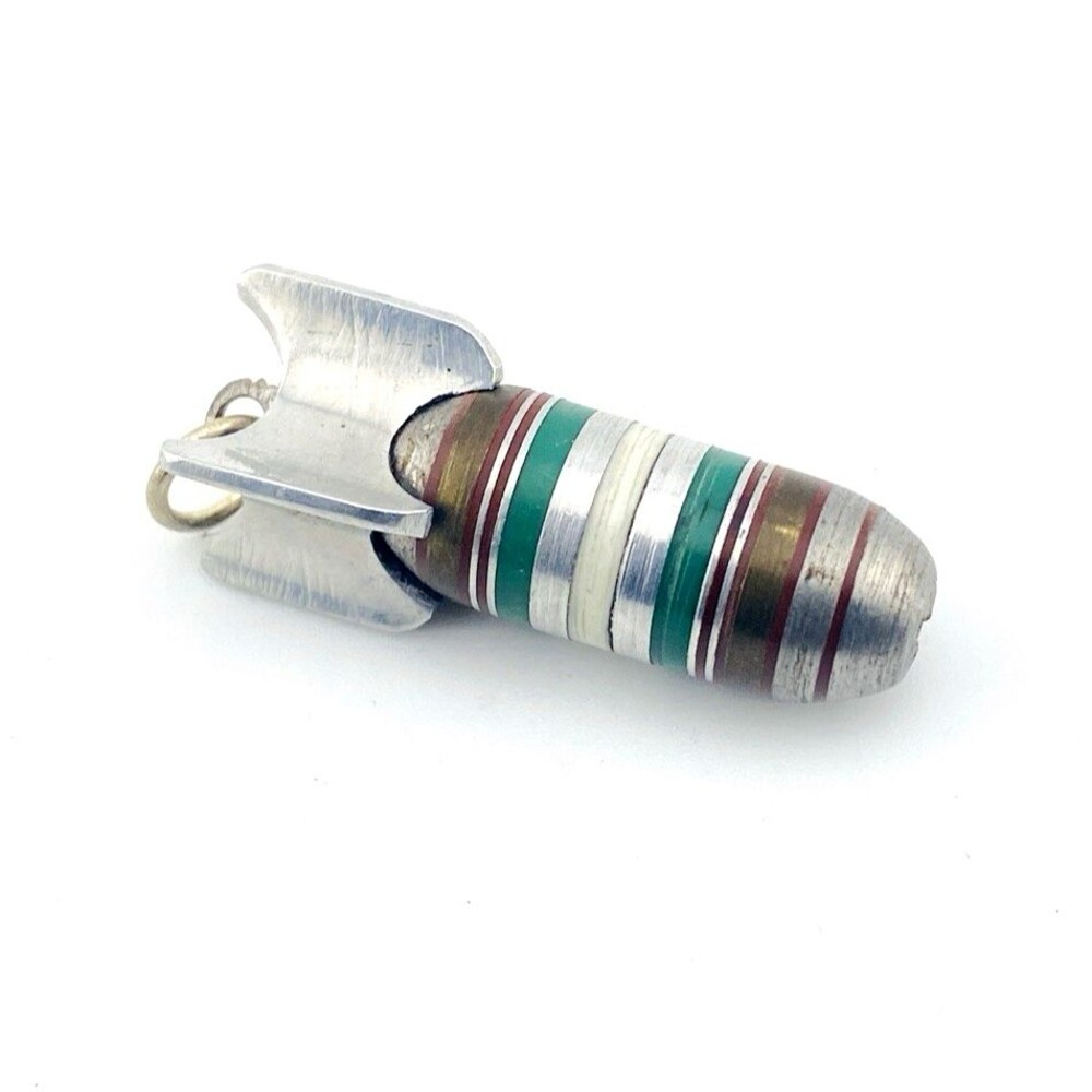 Vintage Missile Fob Pendant Silver Tone Enamel Green White Novelty Charm Pendant